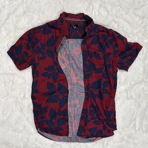 21MEN Men's Short Sleeve Button-Up Shirt with Leaf Print